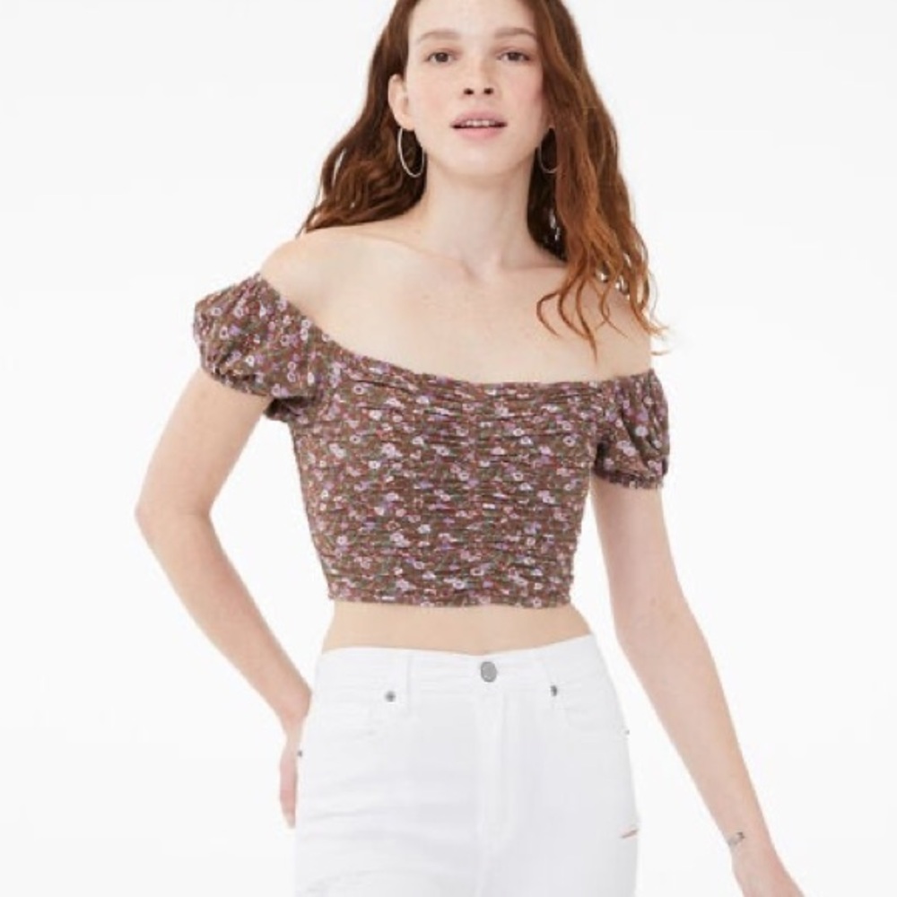 Aeropostale Floral Off-Shoulder Crop Top - Brown and Purple